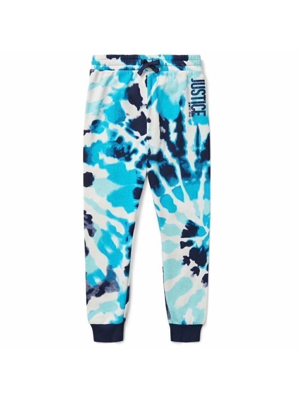 NWT Justice Girls Sz M(10) Blue White Fleece Tie Dye Joggers Graphic Sweatpants